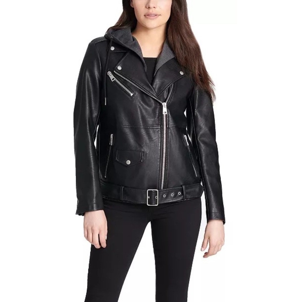 Levi Strauss & Co. Black Faux‎ Leather Moto Jacket Gray Hoodie Womens Medium NEW - Picture 16 of 16